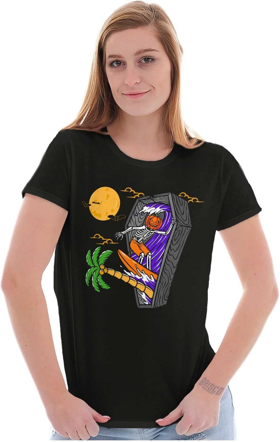 imageFunny Halloween Surfing Skeleton Womens Slim Fit Graphic TeeBlack