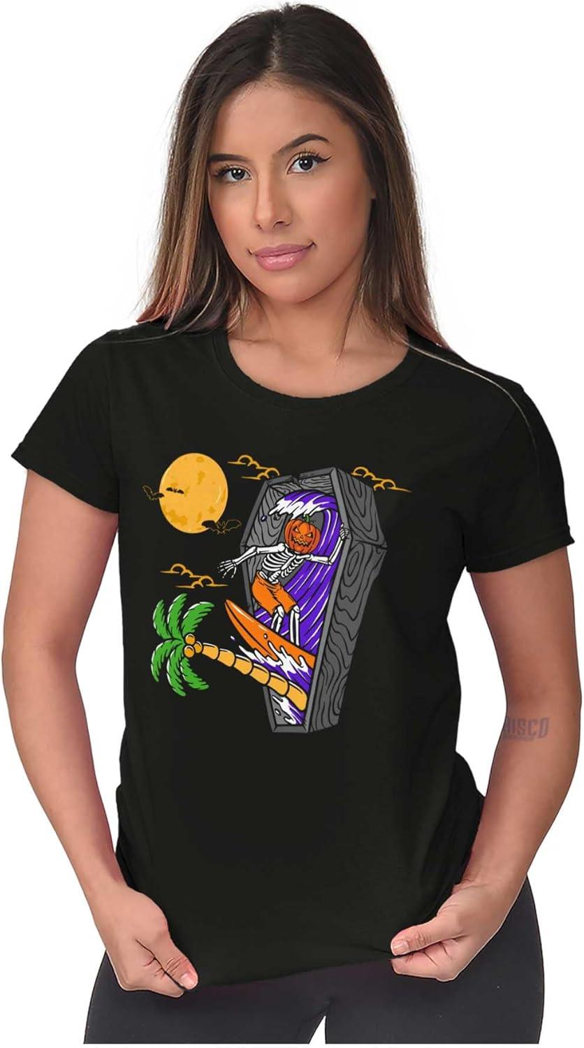 imageFunny Halloween Surfing Skeleton Womens Slim Fit Graphic TeeBlack