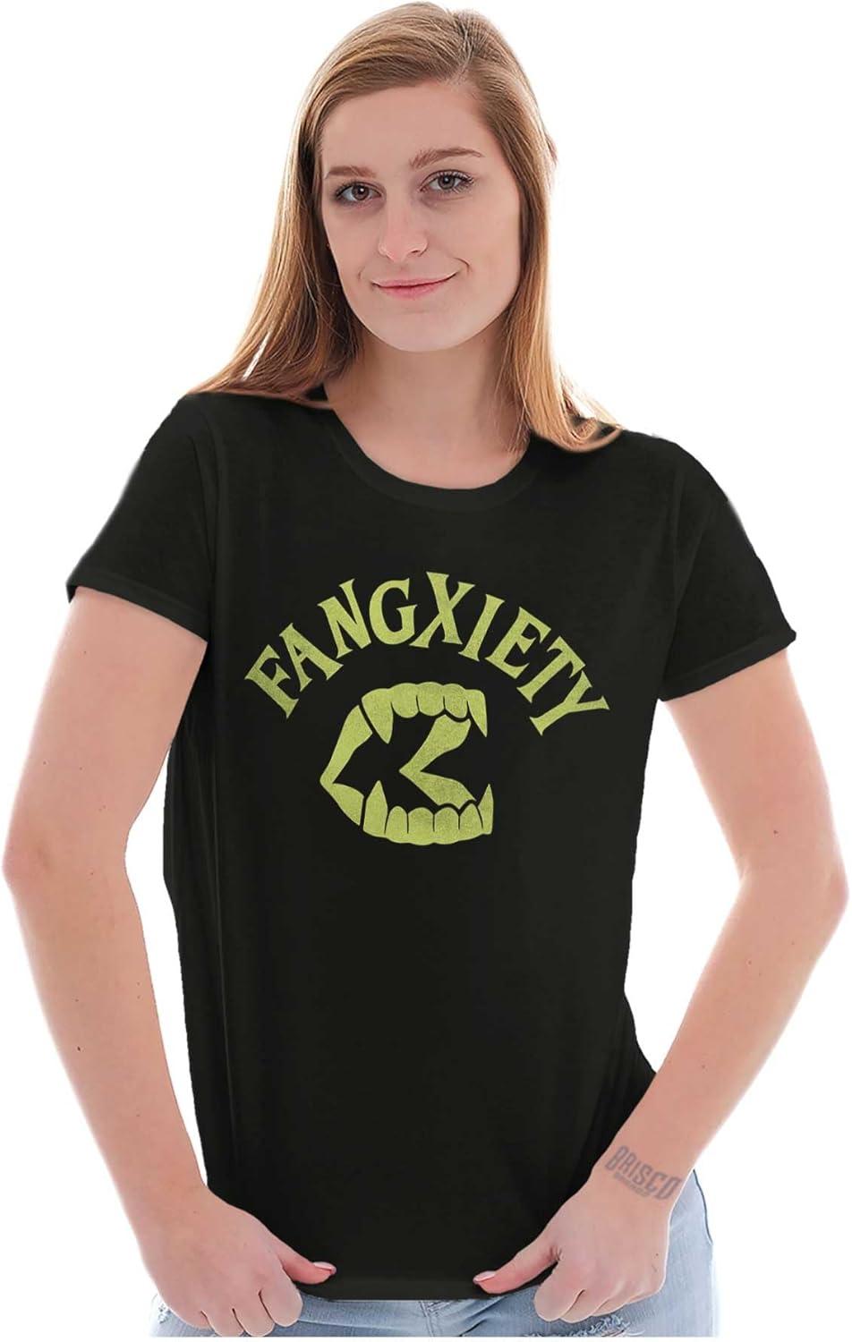 imageFunny Halloween Vampire Fang Anxiety Womens Slim Fit Graphic TeeBlack