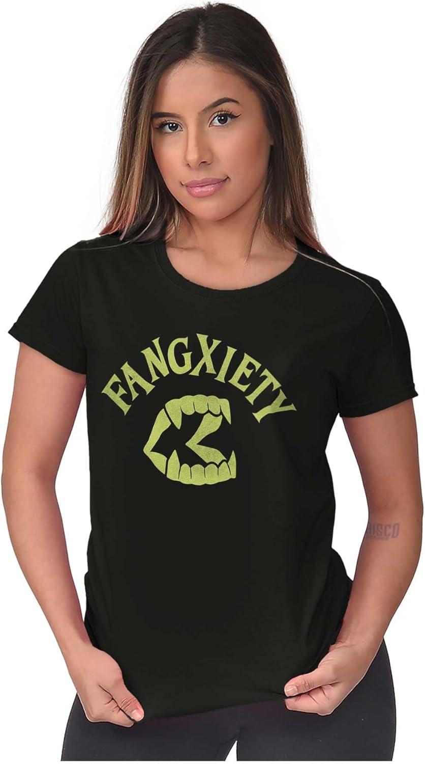 imageFunny Halloween Vampire Fang Anxiety Womens Slim Fit Graphic TeeBlack