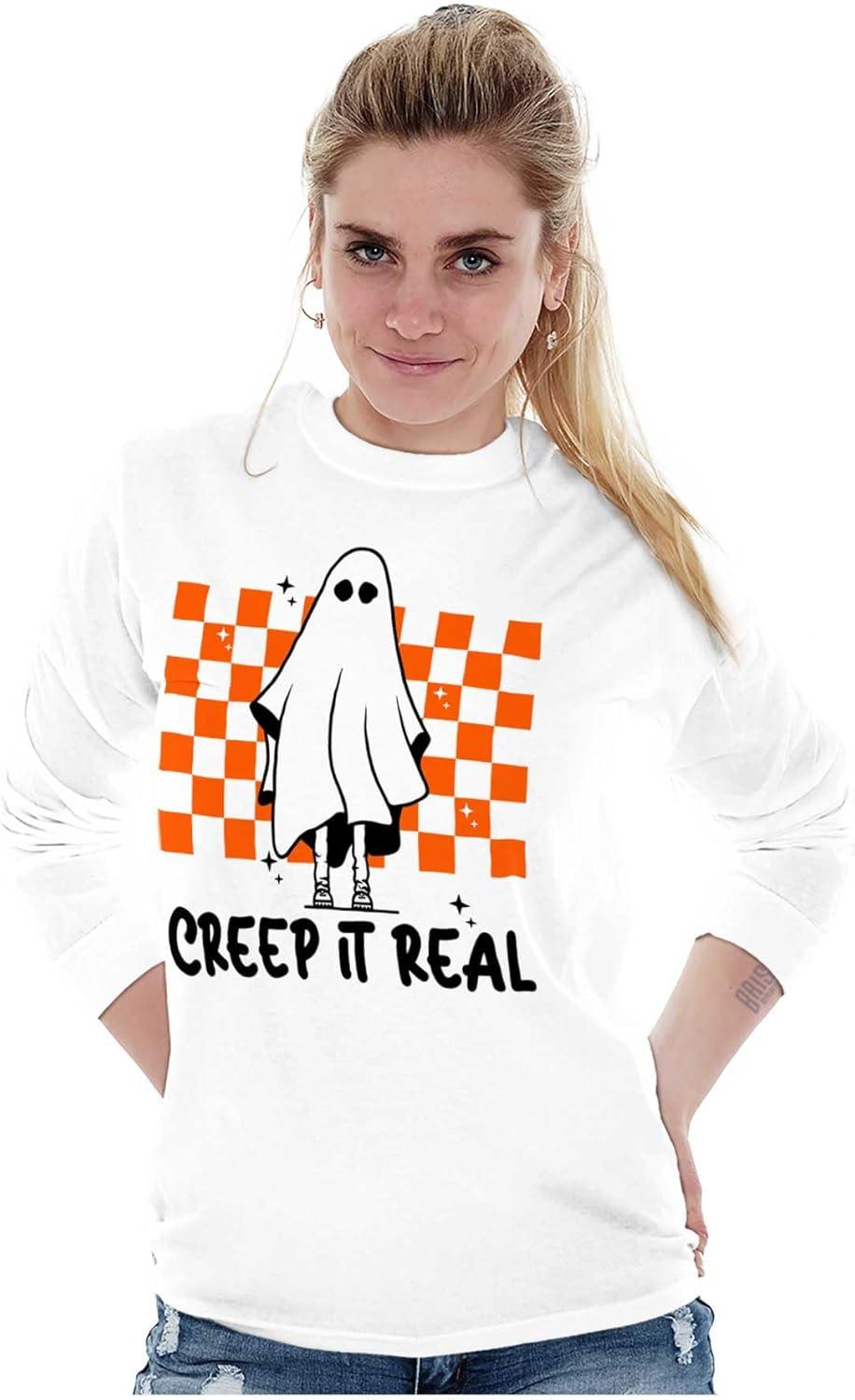 imageHalloween Spooky Ghost Creep It Real Long Sleeve Tshirt Men WomenWhite