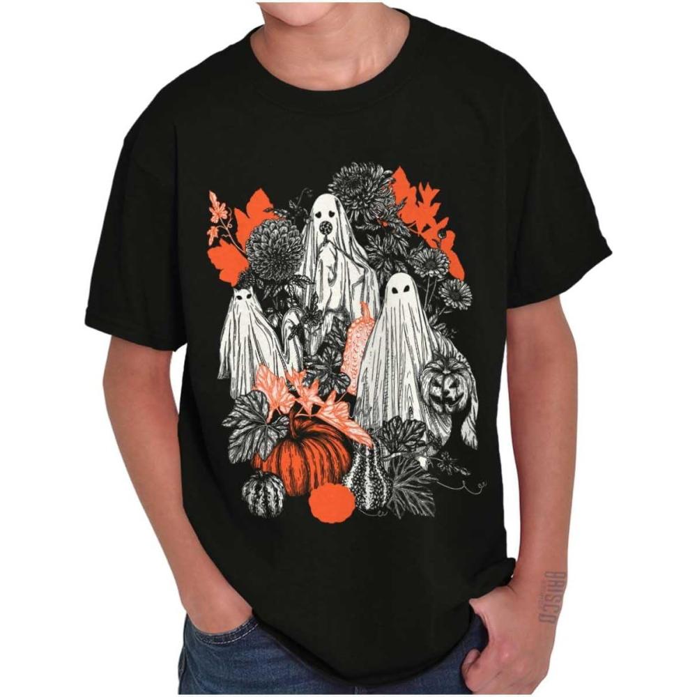 imageAutumn Leaves Fall Ghosts Pumpkins Crewneck T Shirts Boy GirlBlack