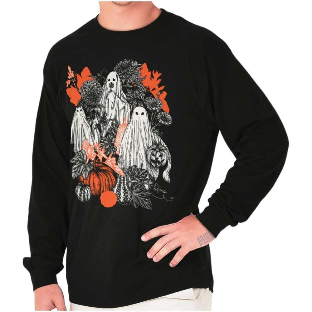 imageAutumn Leaves Fall Ghosts Pumpkins Long Sleeve Tshirt Men WomenBlack