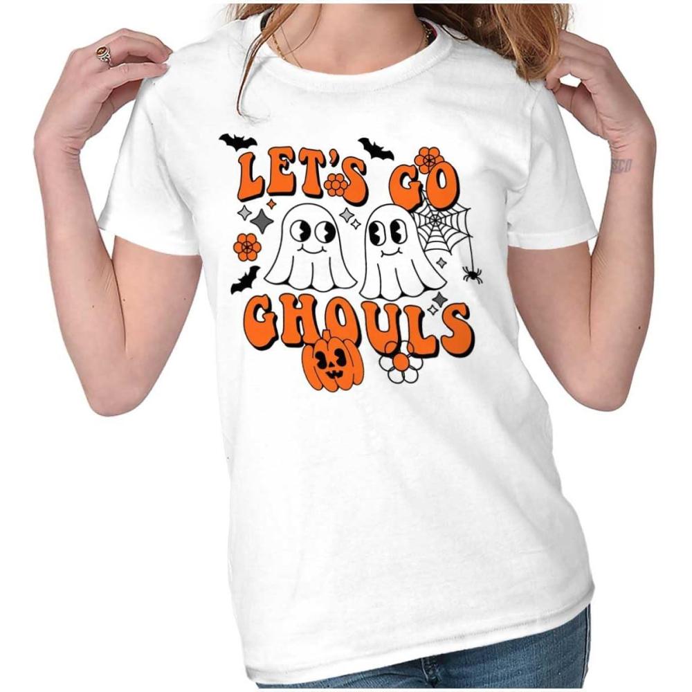 imageBrisco Brands Cute Halloween Ghosts Lets Go Ghouls Womens Slim Fit Graphic TeeWhite
