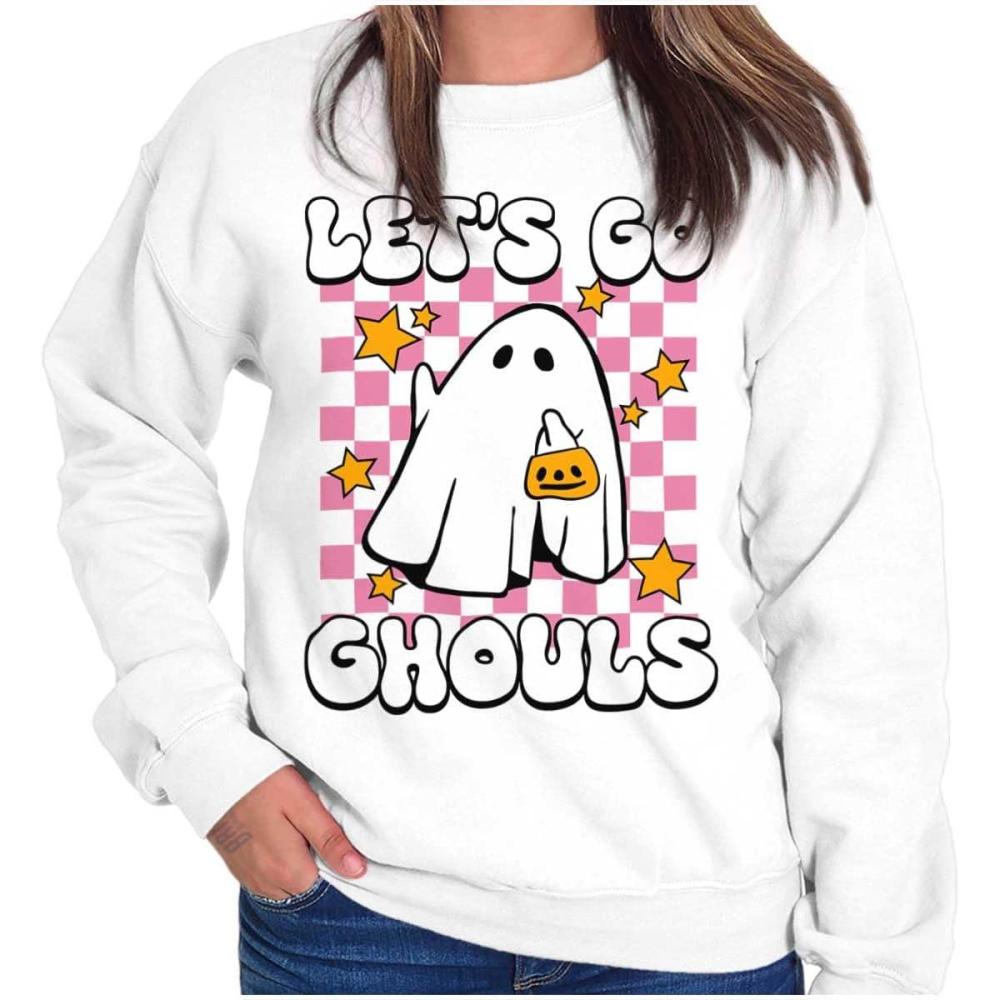 imageBrisco Brands Cute Halloween Lets Go Ghouls Ghost Women Crewneck SweatshirtWhite