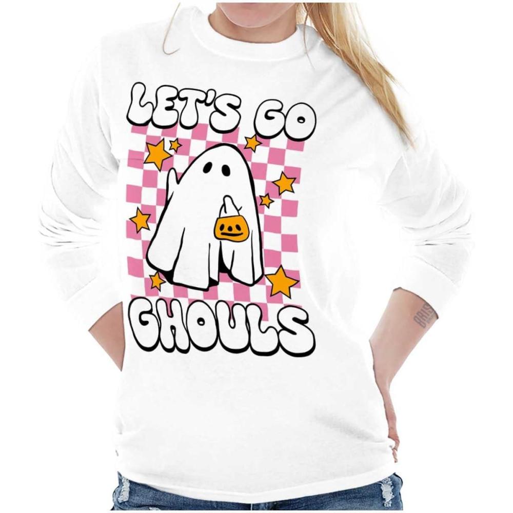 imageBrisco Brands Cute Halloween Lets Go Ghouls Ghost Womens Long Sleeve T ShirtWhite
