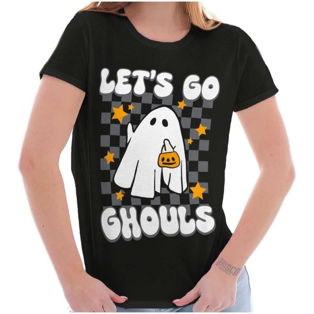 imageBrisco Brands Cute Halloween Lets Go Ghouls Ghost Womens Slim Fit Graphic TeeBlack