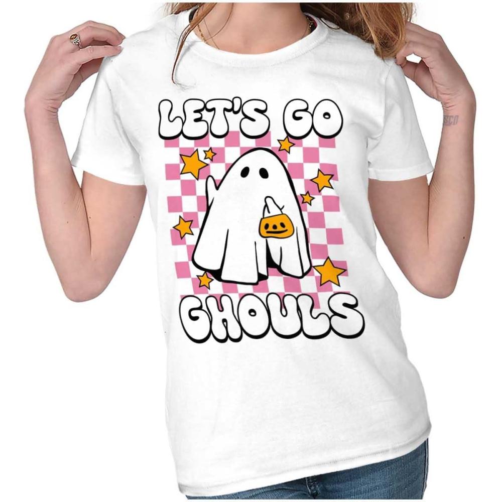 imageBrisco Brands Cute Halloween Lets Go Ghouls Ghost Womens Slim Fit Graphic TeeWhite