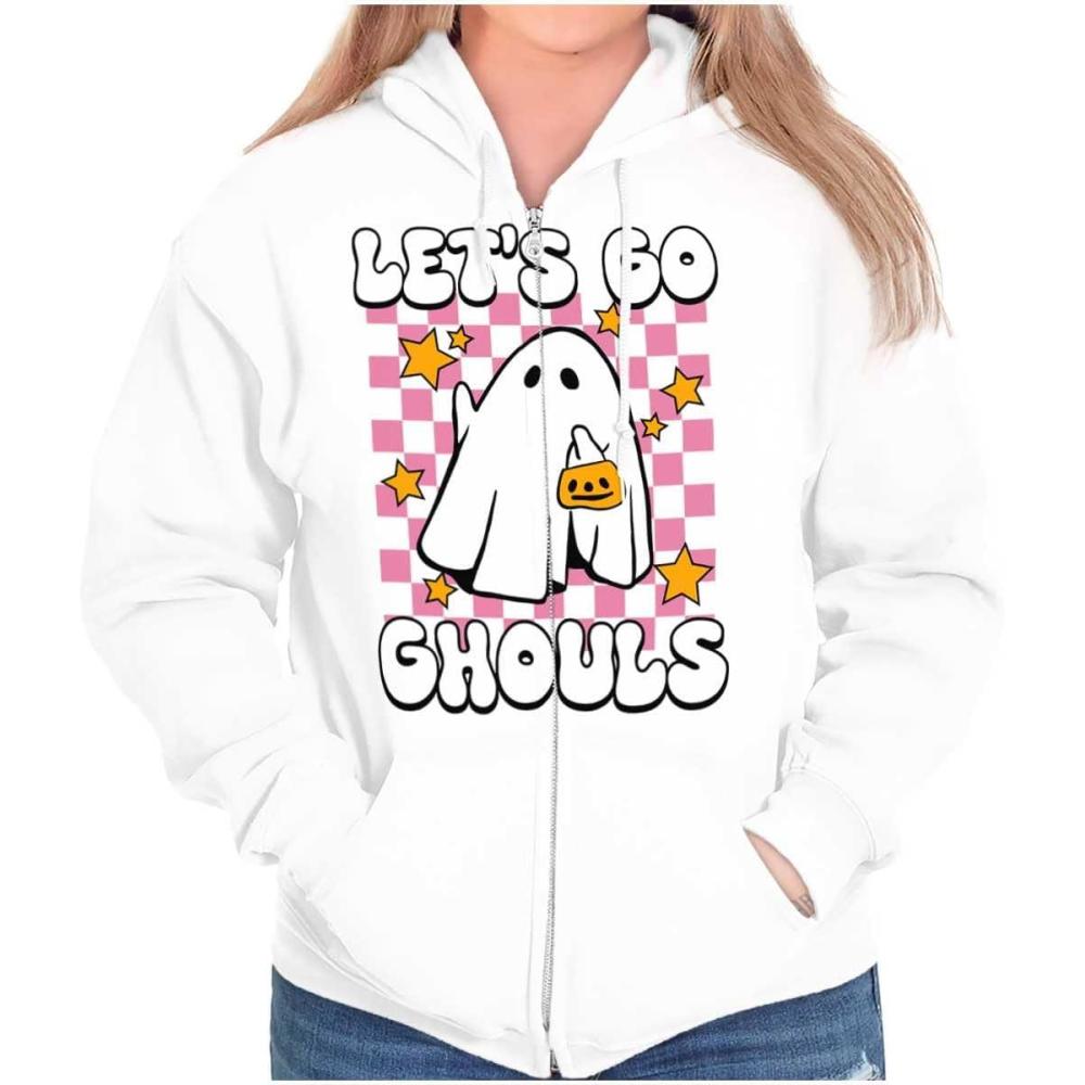 imageBrisco Brands Cute Halloween Lets Go Ghouls Ghost Zip Hoodie Sweatshirt WomenWhite