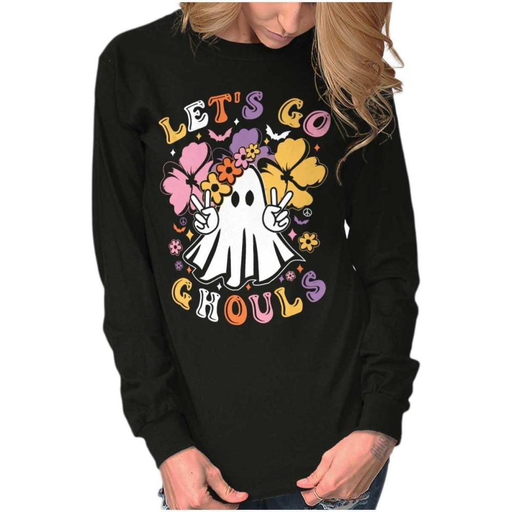 imageBrisco Brands Cute Hippie Ghost Lets Go Ghouls Womens Long Sleeve T ShirtBlack