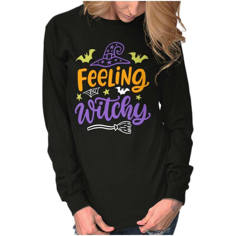 imageBrisco Brands Cute Spooky Halloween Feeling Witchy Womens Long Sleeve T ShirtBlack