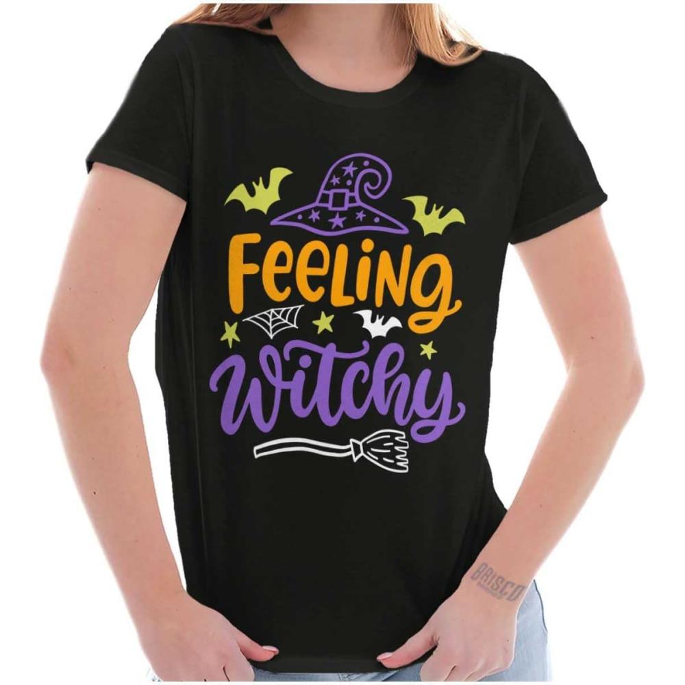 imageBrisco Brands Cute Spooky Halloween Feeling Witchy Womens Slim Fit Graphic TeeBlack