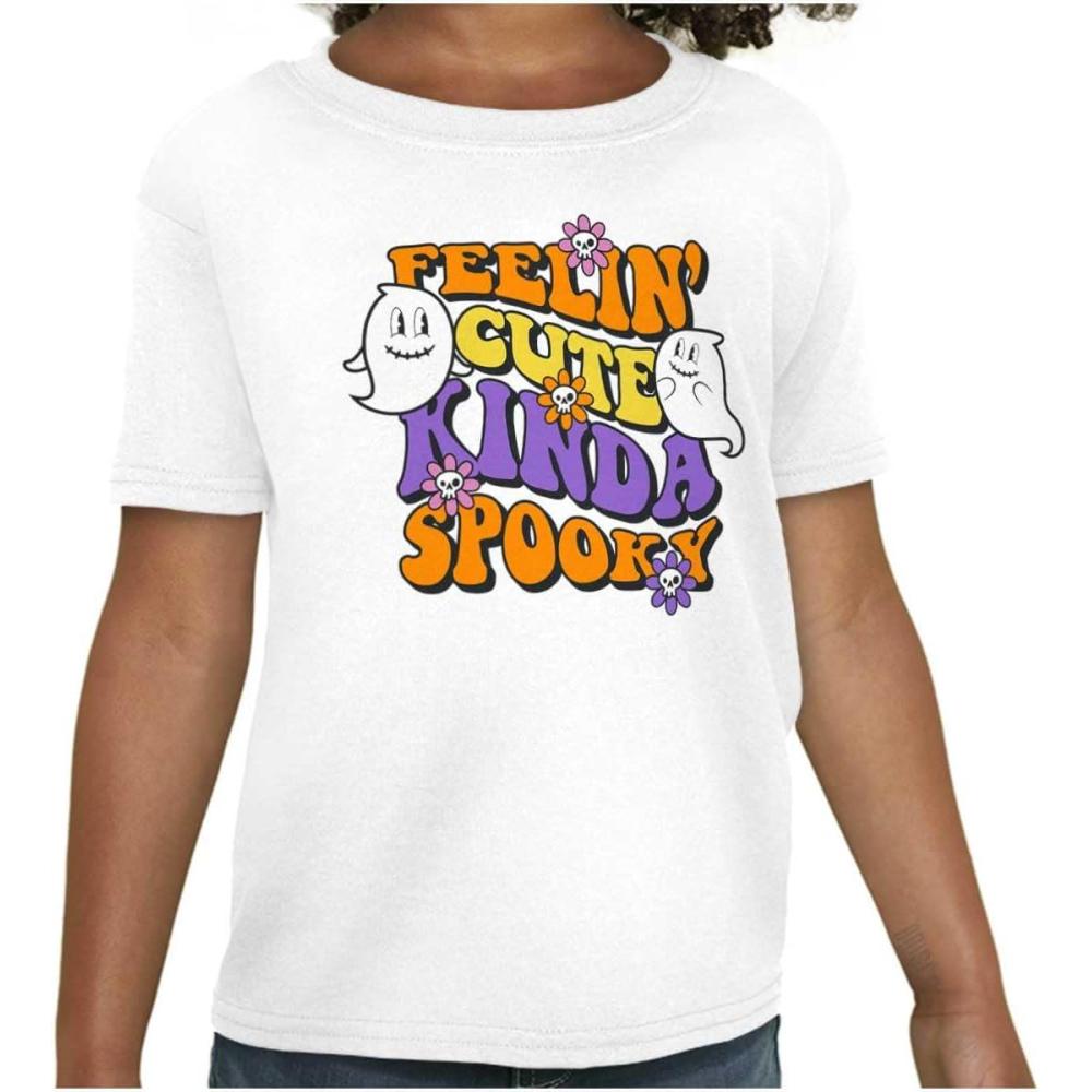 imageBrisco Brands Halloween Feelin Cute Kinda Spooky Girls Kids T Shirt TeesWhite