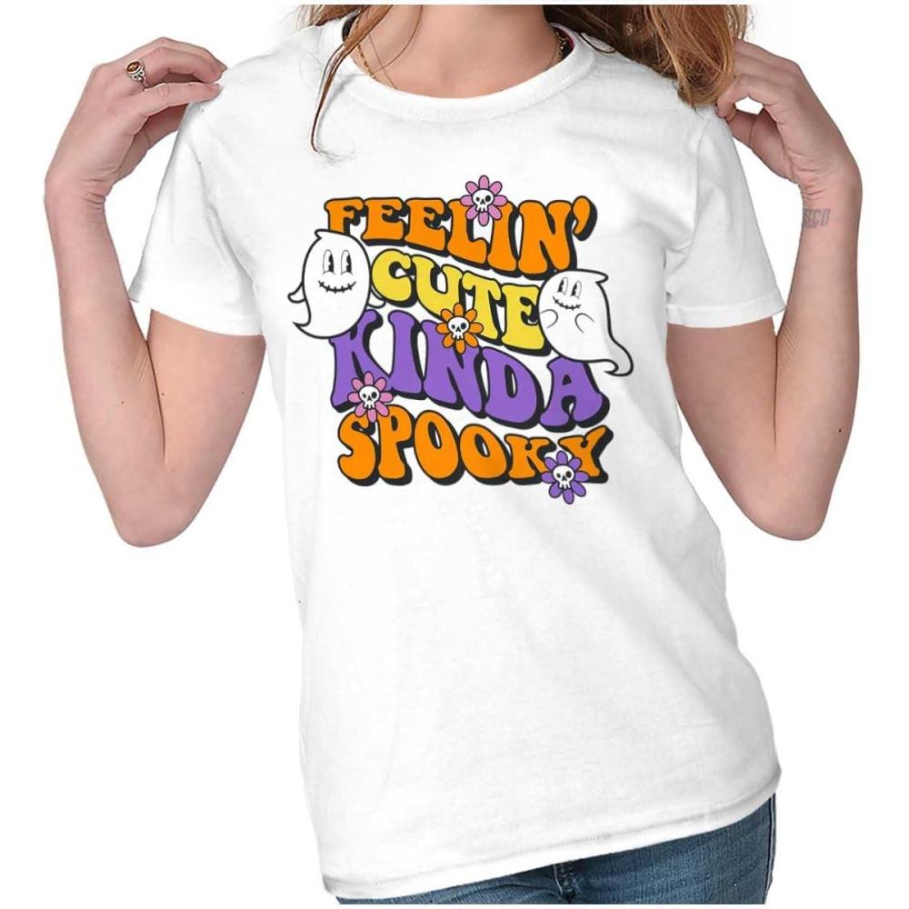 imageBrisco Brands Halloween Feelin Cute Kinda Spooky Womens Slim Fit Graphic TeeWhite