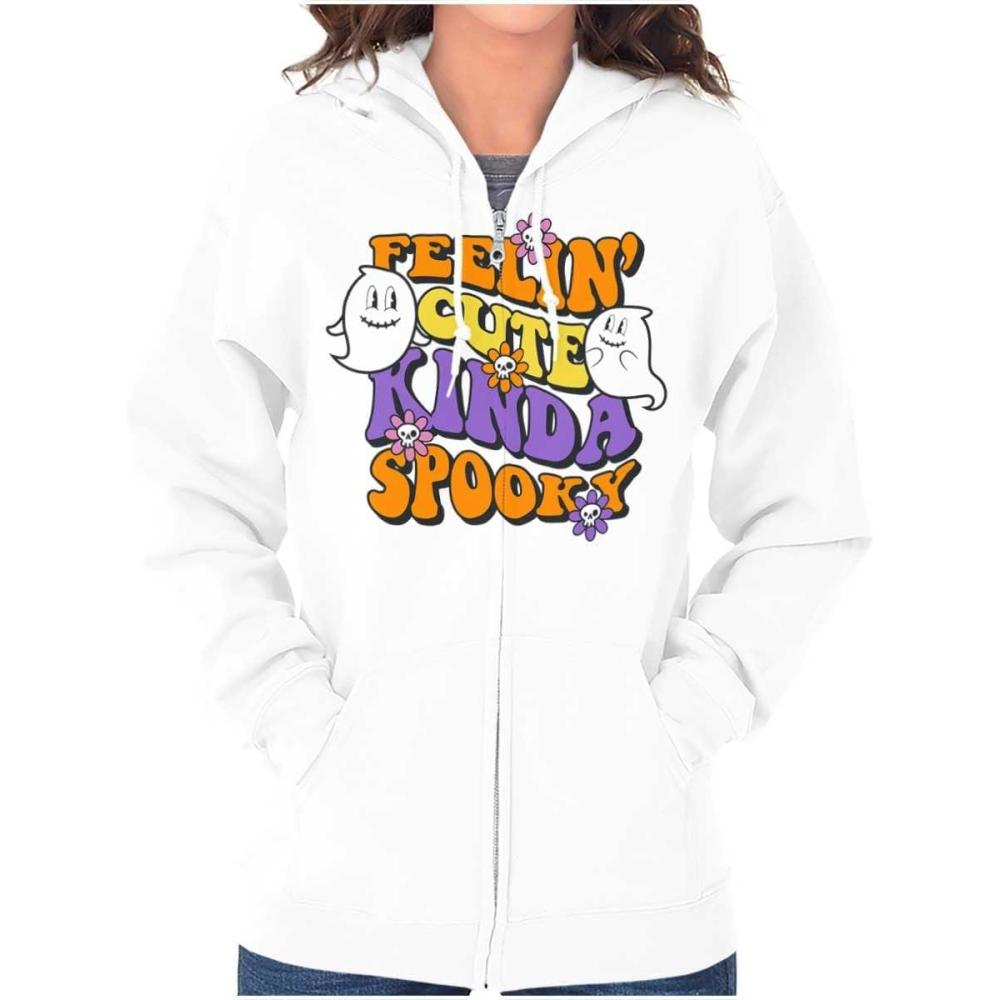 imageBrisco Brands Halloween Feelin Cute Kinda Spooky Zip Hoodie Sweatshirt WomenWhite