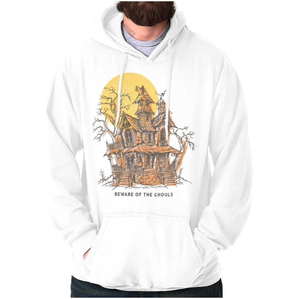 imageBrisco Brands Halloween Haunted House Beware Ghouls Hoodie Sweatshirt Women MenWhite