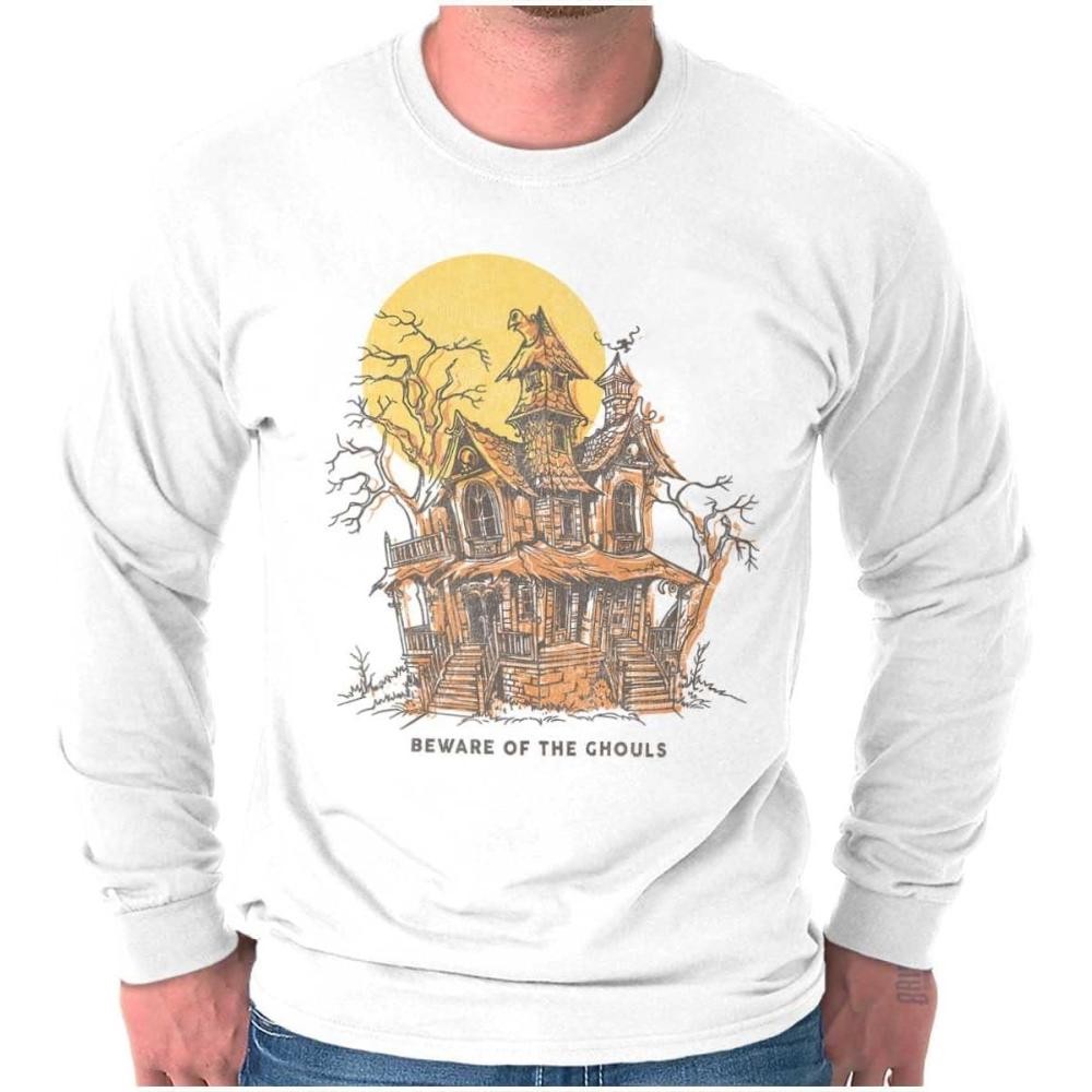 imageBrisco Brands Halloween Haunted House Beware Ghouls Long Sleeve Tshirt Men WomenWhite