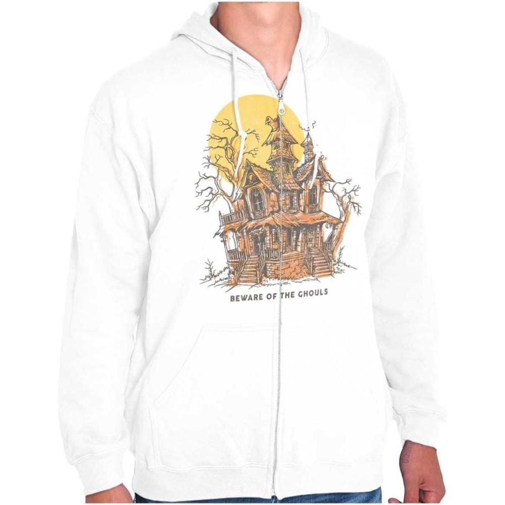 imageBrisco Brands Halloween Haunted House Beware Ghouls Zip Up Hoodie Mens WomensWhite