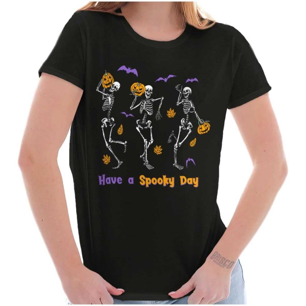 imageBrisco Brands Halloween Have A Spooky Day Skeletons Womens Slim Fit Graphic TeeBlack
