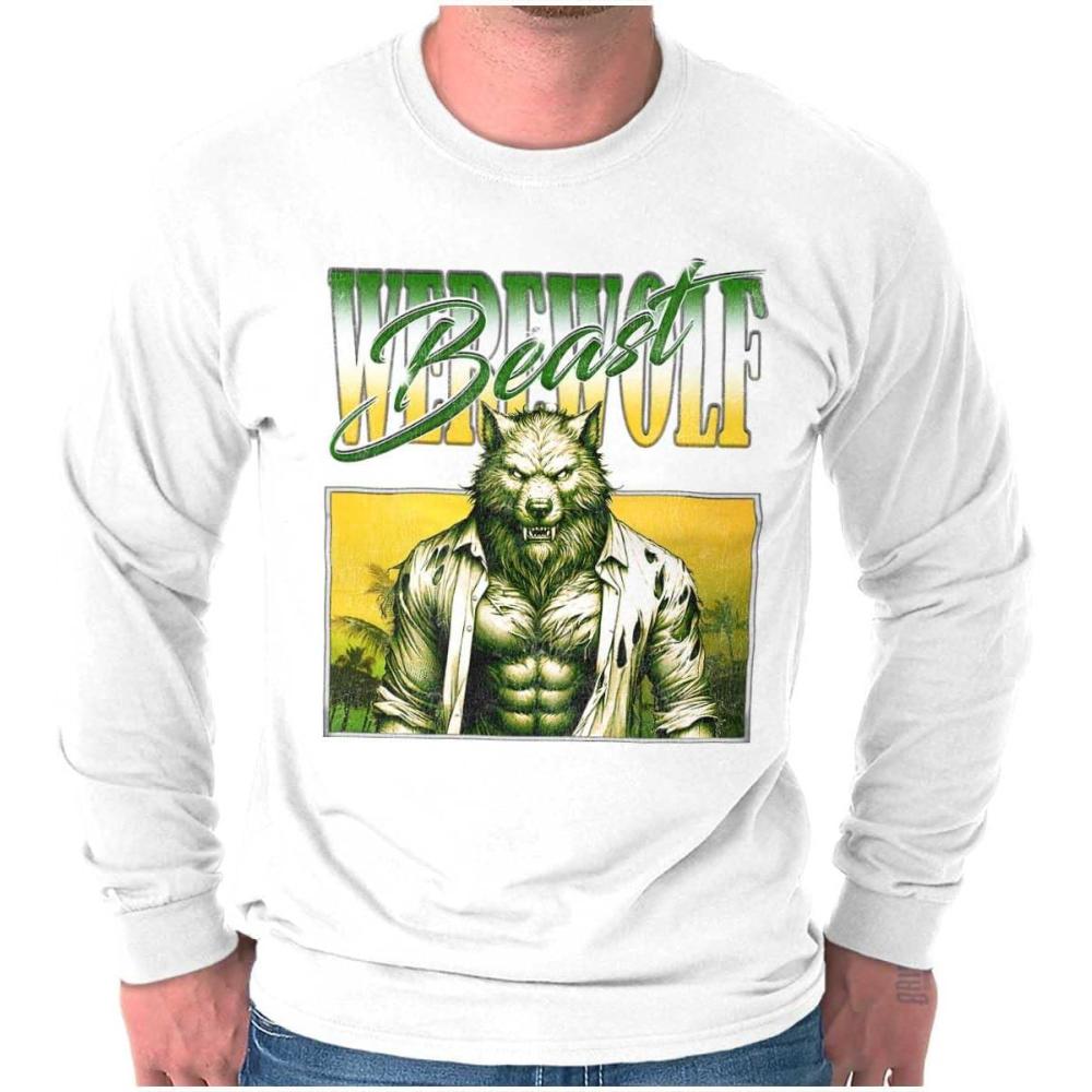 imageBrisco Brands Halloween Monster Werewolf Beast Long Sleeve Tshirt Men WomenWhite