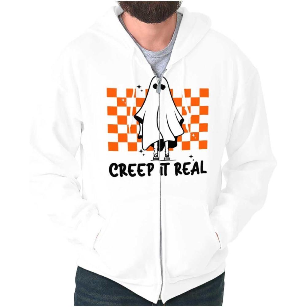 imageBrisco Brands Halloween Spooky Ghost Creep It Real Zip Up Hoodie Mens WomensWhite