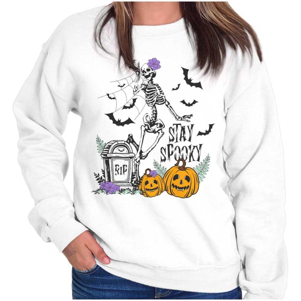 imageBrisco Brands Halloween Stay Spooky Skeleton Women Crewneck SweatshirtWhite