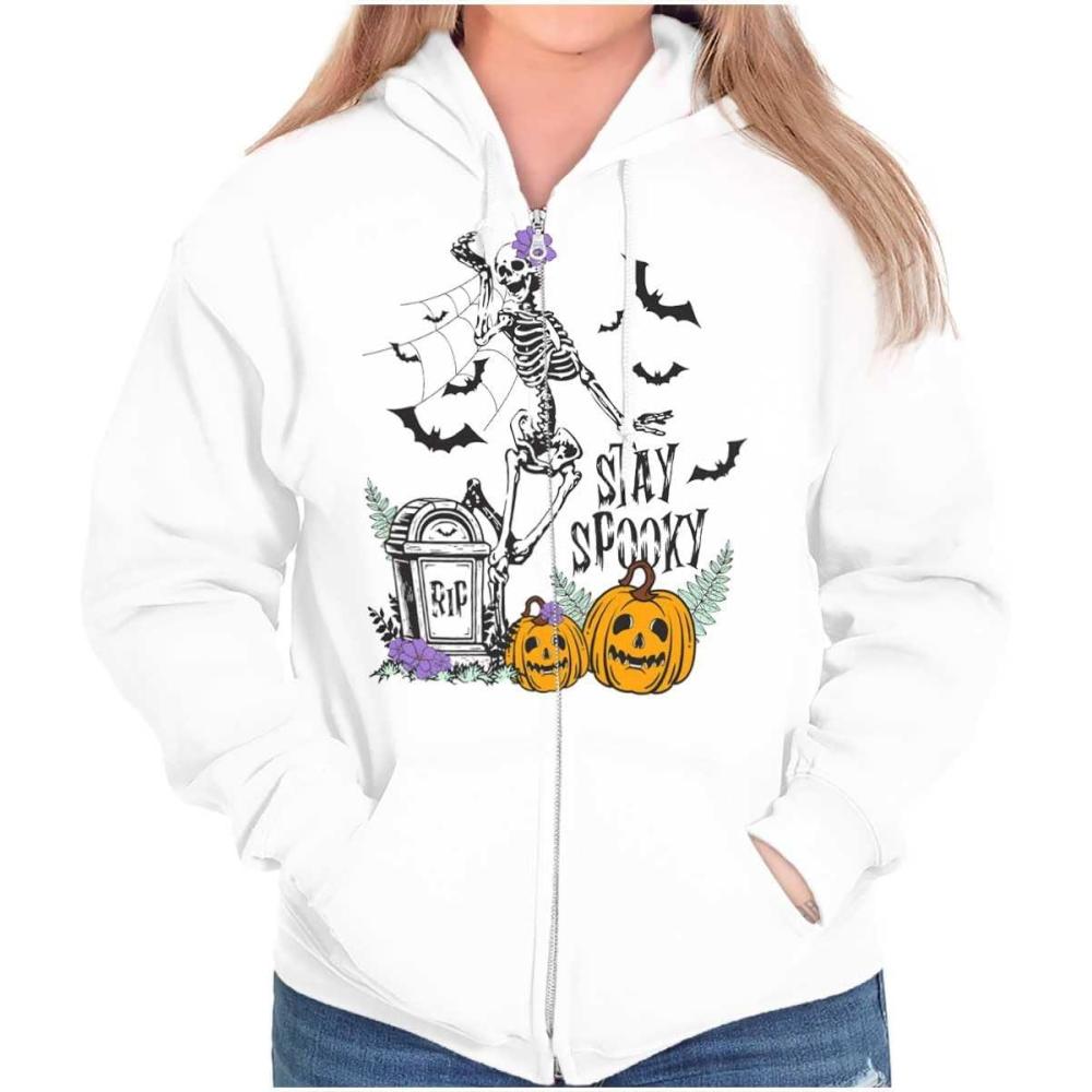 imageBrisco Brands Halloween Stay Spooky Skeleton Zip Hoodie Sweatshirt WomenWhite
