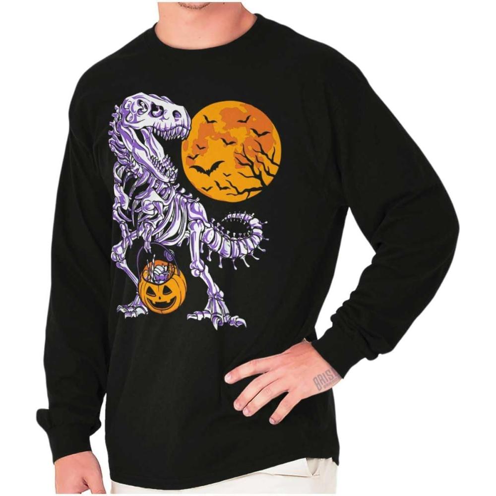 imageBrisco Brands Halloween Trick or Treat Dino Bones Long Sleeve Tshirt Men WomenBlack