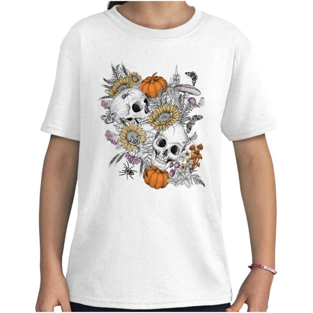 imageBrisco Brands Spooky Fall Autumn Skulls Flowers Girls Kids T Shirt TeesWhite