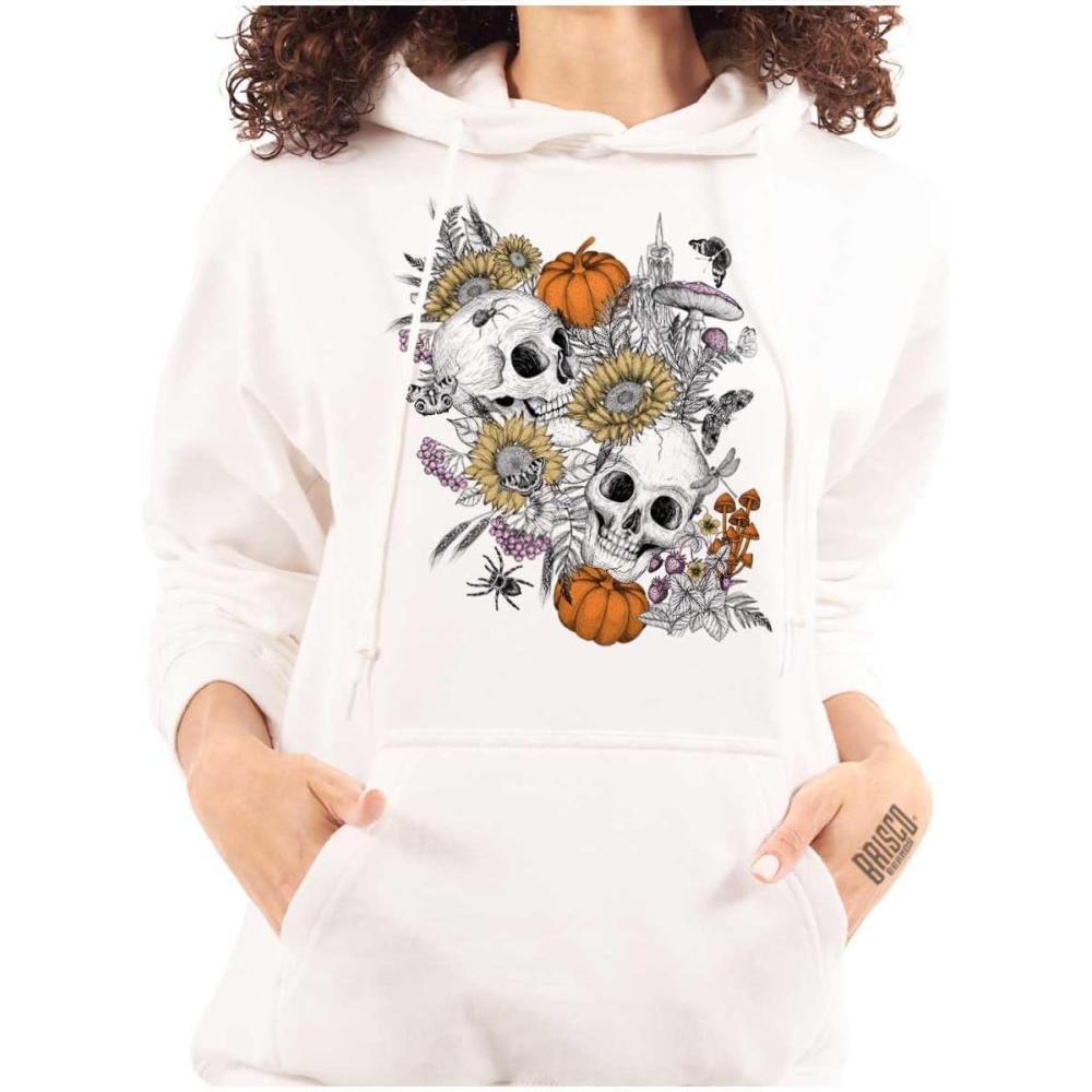 imageBrisco Brands Spooky Fall Autumn Skulls Flowers Hoodie Sweatshirt WomenWhite