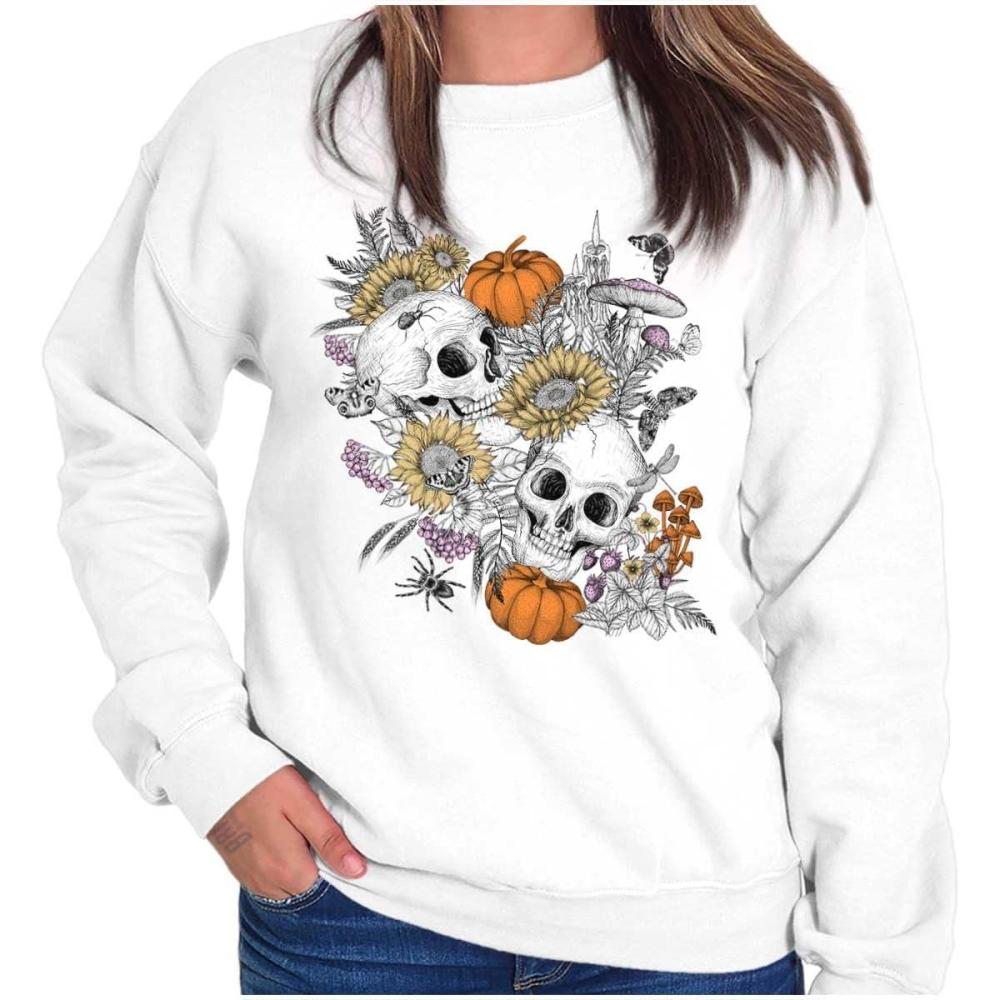 imageBrisco Brands Spooky Fall Autumn Skulls Flowers Women Crewneck SweatshirtWhite