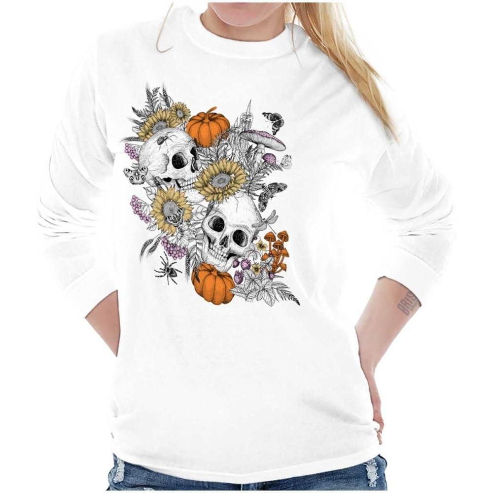 imageBrisco Brands Spooky Fall Autumn Skulls Flowers Womens Long Sleeve T ShirtWhite