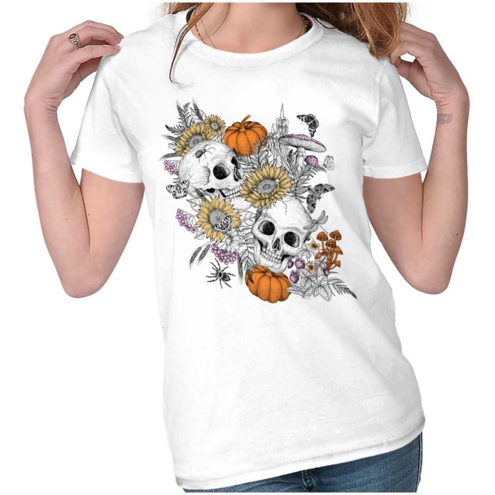 imageBrisco Brands Spooky Fall Autumn Skulls Flowers Womens Slim Fit Graphic TeeWhite