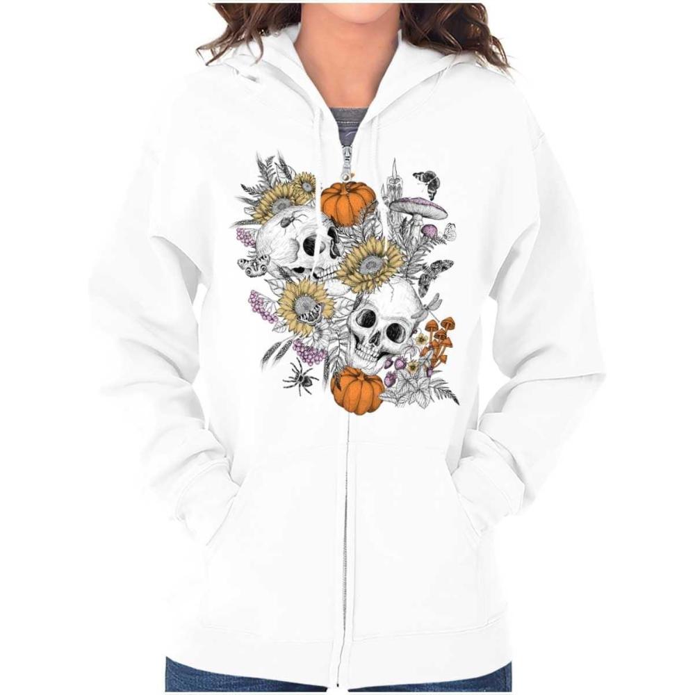 imageBrisco Brands Spooky Fall Autumn Skulls Flowers Zip Hoodie Sweatshirt WomenWhite