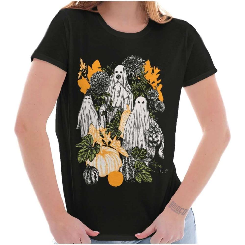 imageFall Autumn Ghosts and Pumpkins Womens Slim Fit Graphic TeeBlack