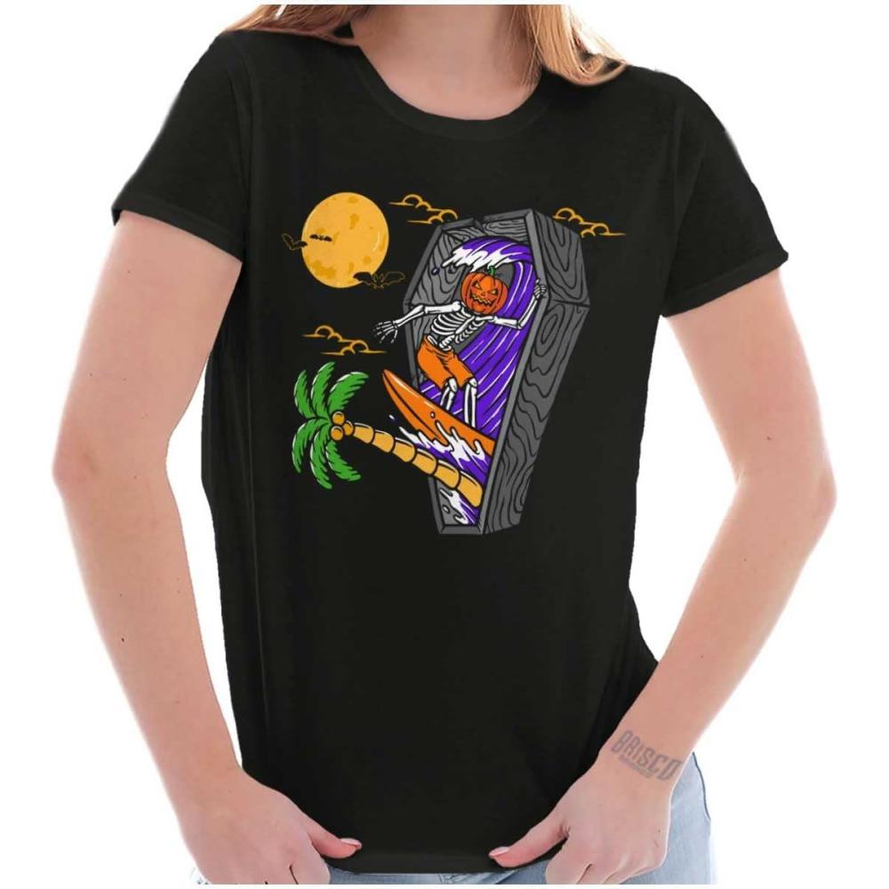 imageFunny Halloween Surfing Skeleton Womens Slim Fit Graphic TeeBlack