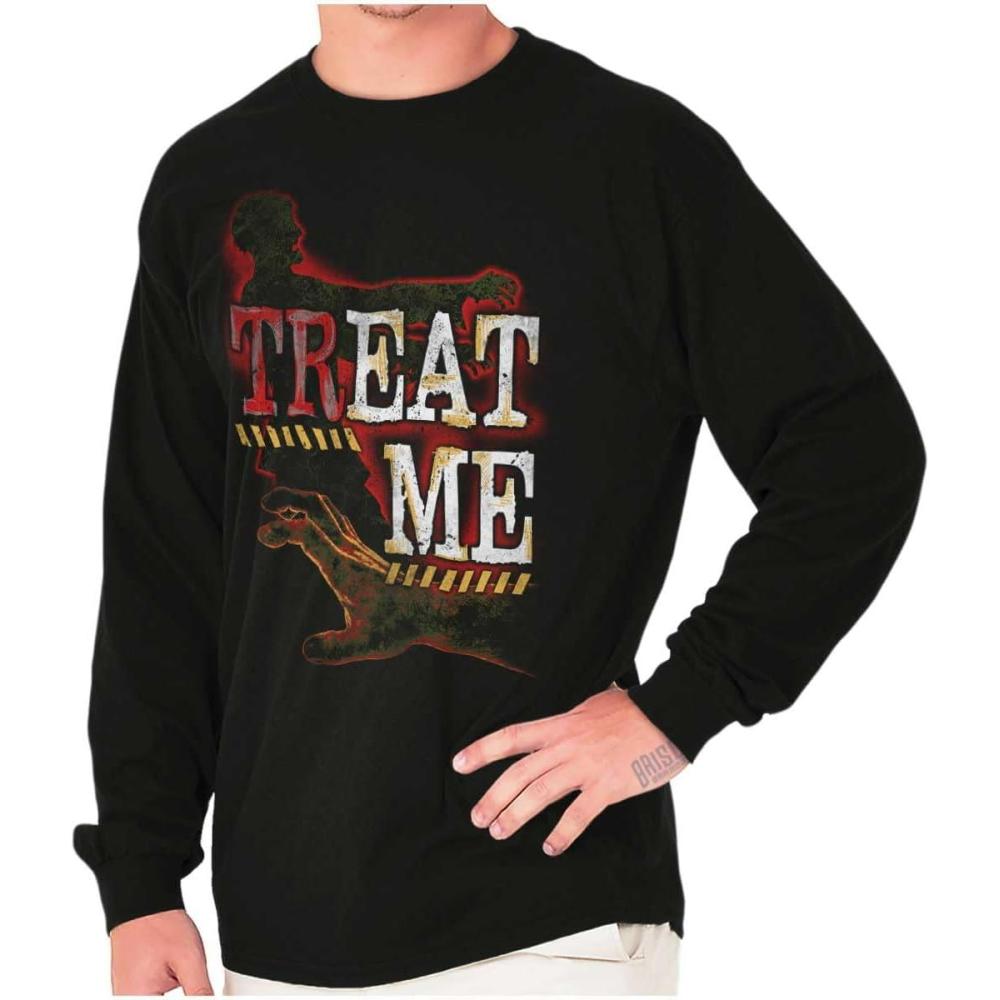 imageFunny Halloween Zombie Pun Treat Me Long Sleeve Tshirt Men WomenBlack