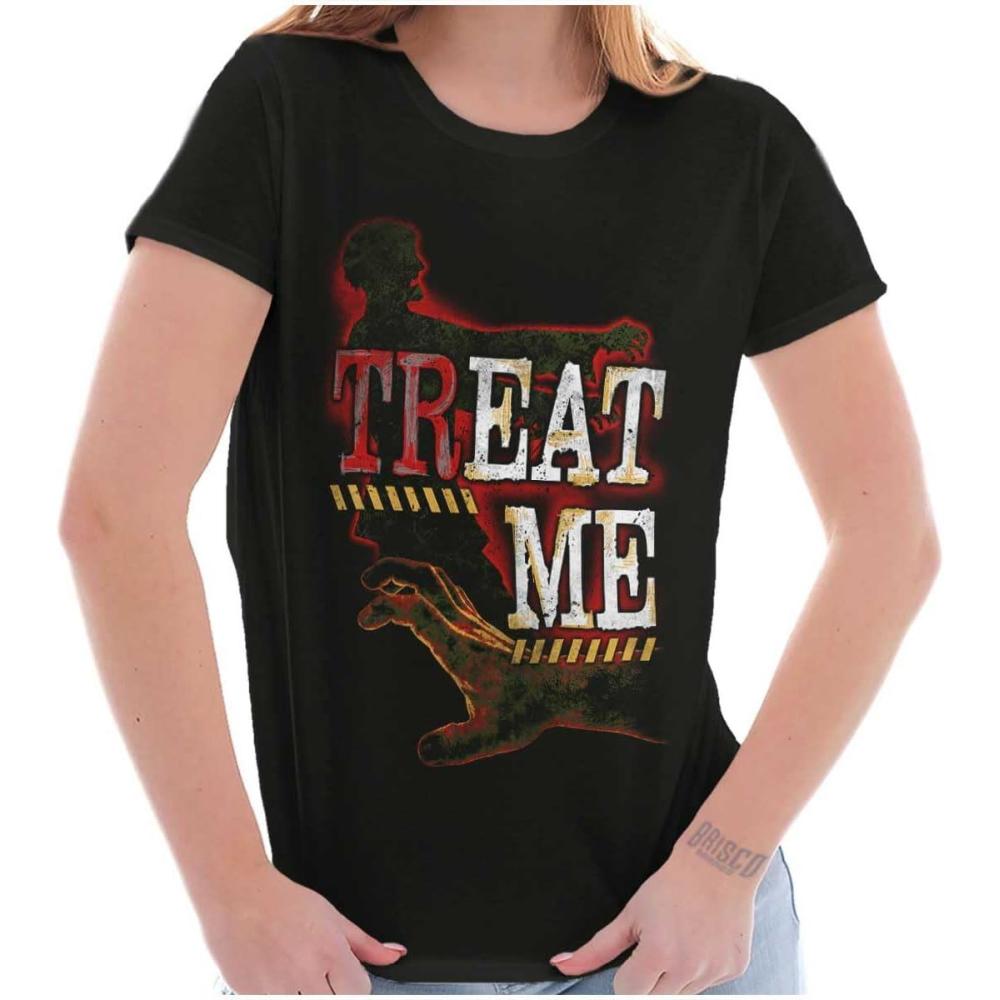 imageFunny Halloween Zombie Pun Treat Me Womens Slim Fit Graphic TeeBlack