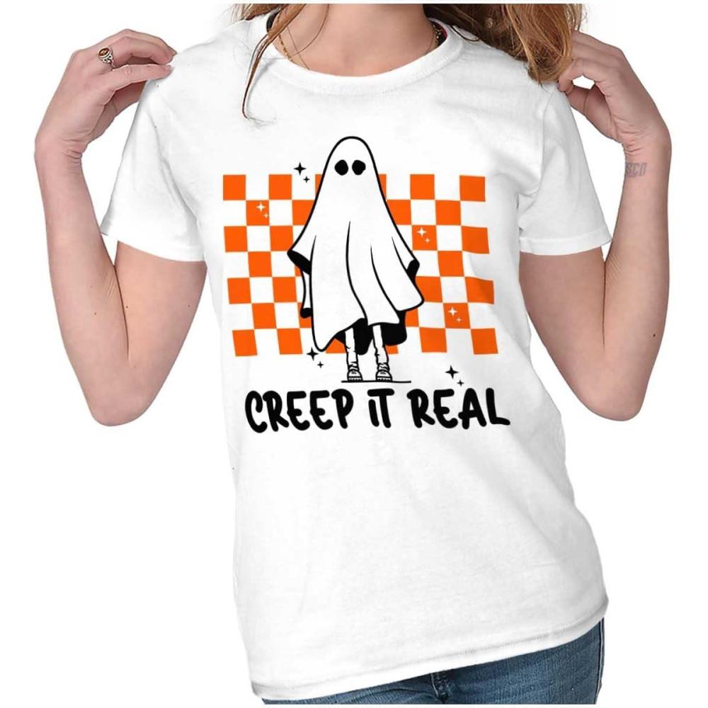 imageHalloween Spooky Ghost Creep It Real Womens Slim Fit Graphic TeeWhite