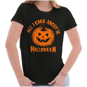 All I Care About is Halloween Pumpkin Womens Slim Fit Graphic Tee(Black)