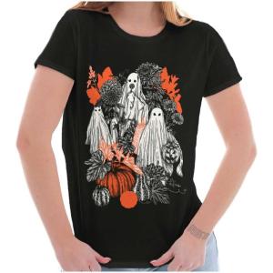 Autumn Leaves Fall Ghosts Pumpkins Womens Slim Fit Graphic Tee(Black)