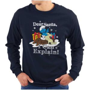 Brisco Brands Brainy Smurf Dear Santa Christmas Long Sleeve Tshirt Men Women(Navy)