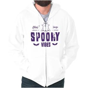 Brisco Brands Cool Halloween Ghost Spooky Vibes Zip Up Hoodie Mens Womens(White)