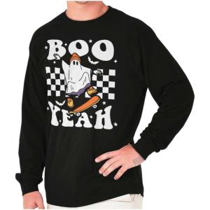 Brisco Brands Cool Skateboarding Ghost Boo Yeah Long Sleeve Tshirt Men Women(Black)