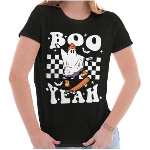 Brisco Brands Cool Skateboarding Ghost Boo Yeah Womens Slim Fit Graphic Tee(Black)