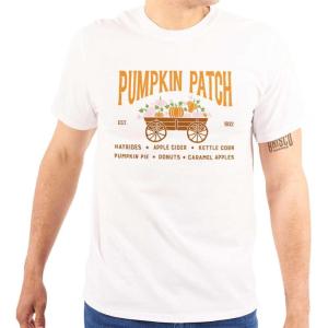 Brisco Brands Cute Fall Autumn Pumkin Patch Wagon Graphic T Shirt Men or Women(White)