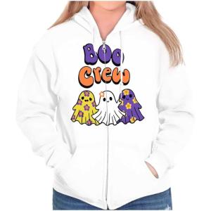 Brisco Brands Cute Floral Hippie Ghosts Boo Crew Zip Hoodie Sweatshirt Women(White)