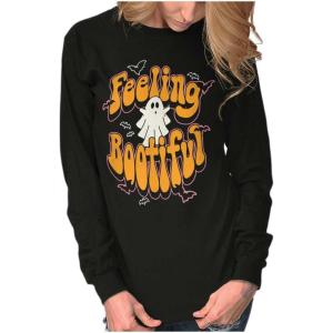 Brisco Brands Cute Halloween Ghost Feeling Bootiful Women’s Long Sleeve T Shirt(Black)
