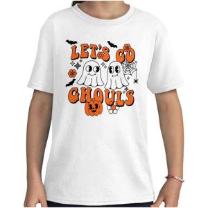 Brisco Brands Cute Halloween Ghosts Let’s Go Ghouls Girls Kids T Shirt Tees(White)