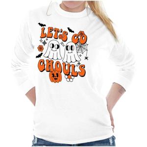 Brisco Brands Cute Halloween Ghosts Let’s Go Ghouls Women’s Long Sleeve T Shirt(White)